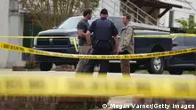 DADEVILLE, AL - APRIL 16: Investigators work the crime scene following a shooting on April 16, 2023 in Dadeville, Alabama. According to reports, at least four people were killed and others injured in a shooting during a birthday party at a dance studio on Saturday night. (Photo by Megan Varner/Getty Images)