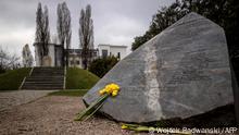 A memorial plaque is seen near the memorial to the bunker where the leader of the doomed uprising, Mordechaj Anielewicz, and his comrades committed mass suicide, a few days before the 80th anniversary of the outbreak of the Warsaw Ghetto Uprising, in Warsaw, Poland on April 12, 2023. - A child's burnt shoe, a charred pram, shattered kitchenware -- the items on display in the Polish capital tell the story of how Jews in wartime Warsaw lived, loved and died. The exhibition at the Kordegarda gallery comes just in time for the 80th anniversary of the outbreak of the Warsaw Ghetto Uprising, when Jewish fighters revolted against Nazi German terror. (Photo by Wojtek RADWANSKI / AFP)