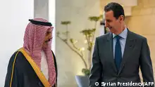 This handout picture released by the Syrian Presidency Facebook page shows Syria's President Bashar al-Assad (R) receiving Saudi Arabia's Foreign Minister Faisal bin Farhan in Damascus on April 18, 2023. (Photo by Syrian Presidency Facebook page / AFP) / RESTRICTED TO EDITORIAL USE - MANDATORY CREDIT AFP PHOTO / Syrian Presidency Facebook page - NO MARKETING NO ADVERTISING CAMPAIGNS - DISTRIBUTED AS A SERVICE TO CLIENTS