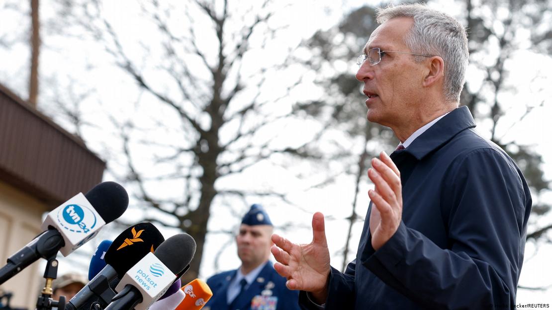 NATO Secretary-General Jens Stoltenberg speaks to the media at Ramstein Air Base