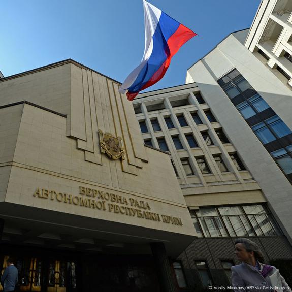  Russian flag waving in the courtyard of the parliament building in Simferopol, Crimea, on March 18 2014