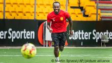 The former Chelsea player Michael Essien training with FC Nordsjaelland in Farum Park, Denmark, Thursday Aug. 20, 2020. The Ghanaian soccer player is in the process of becoming a coach and is therefore participating when U17, U19 and the Superliga team training at FC Nordsjaelland. (Martin Sylvest / Ritzau Scanpix via AP)