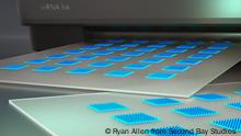 MIT researchers have designed a mobile vaccine printer that could be scaled up to produce hundreds of vaccine doses in a day. This kind of printer, which can fit on a tabletop, could be deployed anywhere vaccines are needed. Pictured is an artist’s interpretation of the printer. 