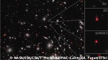 Webb Reveals Early-Universe Prequel to Huge Galaxy Cluster
Text: The seven galaxies highlighted in this James Webb Space Telescope image have been confirmed to be at a distance that astronomers refer to as redshift 7.9, which correlates to 650 million years after the big bang. This makes them the earliest galaxies yet to be spectroscopically confirmed as part of a developing cluster.
Credits: NASA, ESA, CSA, T. Morishita (IPAC). Image processing: A. Pagan (STScI)
