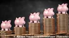 Piggy banks on stacks of golden coins. Fiinancial growth, deposit, investment and savings concept background. 3d illustration