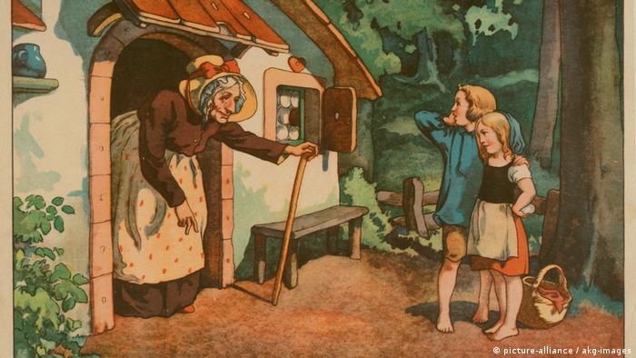 Märchenillustration: Hänsel und Gretel vor dem Haus der Hexe