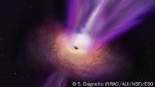 https://www.eso.org/public/outreach/copyright/
Scientists observing the compact radio core of M87 have discovered new details about the galaxy’s supermassive black hole. In this artist’s conception, the black hole’s massive jet is seen rising up from the centre of the black hole. The observations on which this illustration is based represent the first time that the jet and the black hole shadow have been imaged together, giving scientists new insights into how black holes can launch these powerful jets.