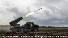 28.04.2023 *** DONETSK OBLAST, UKRAINE - APRIL 28: The Ukrainian army fires grad shells with a BM-21 at its position in the direction of Bakhmut as the Russia-Ukraine war continues in Donetsk, Ukraine on April 28, 2023. Diego Herrera Carcedo / Anadolu Agency