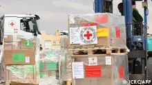 A handout picture released by the International Committee of the Red Cross (ICRC) on April 30, 2023, shows a forklift loading boxes of humanitarian aid in Amman, before loading it on a plane destined to Port Sudan. - A first plane laden with humanitarian aid from the International Committee of the Red Cross landed in Sudan, where deadly clashes between rival generals' forces entered their third week. (Photo by ICRC / AFP) / RESTRICTED TO EDITORIAL USE - MANDATORY CREDIT AFP PHOTO / ICRC - NO MARKETING NO ADVERTISING CAMPAIGNS - DISTRIBUTED AS A SERVICE TO CLIENTS