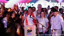 Paraguayan presidential candidate Santiago Pena from the ruling Colorado Party speaks at the party headquarters as he and his running mate Pedro Alliana lead Paraguay's presidential race, according to early results, in Asuncion, Paraguay April 30, 2023. REUTERS/Agustin Marcarian

