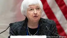 Treasury Secretary Janet Yellen speaks during the signing of a finance compact for Indonesia's Just Energy Transition Partnership, at the sidelines of the World Bank/IMF Spring Meetings at the International Monetary Fund (IMF) headquarters in Washington, Thursday, April 13, 2023. (AP Photo/Jose Luis Magana)