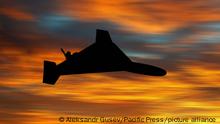 Silhouette of an Iranian kamikaze drone Shahed-136 (Geran-2) at sunset. Combat drone used by Russia in the bombing of Ukraine in the war. Illustrative photo (Photo by Aleksandr Gusev / Pacific Press)