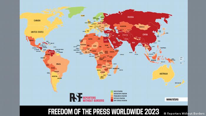 Los países marcados en rojo, color que ocupa prácticamente toda Asia, son en los que RSF considera que la situación para los periodistas está peor.