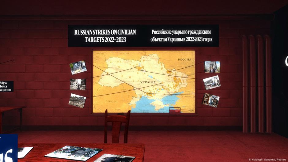 Screenshot der Counter-Strike-Map de_voyna zeigt eine Karte der Ukraine, auf der russische Angriffe auf Zivilisten markiert sind