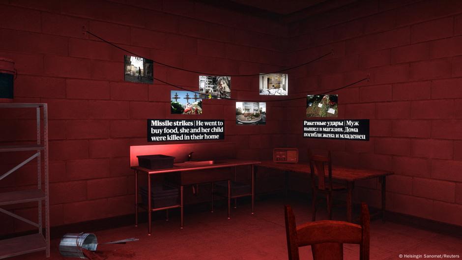 Screenshot der Counter-Strike-Map de_voyna zeigt eine Ecke in einem Keller, an der Fotos an den Wänden hängen, die von einem Mann erzählen, der im Krieg seine Familie verloren hat