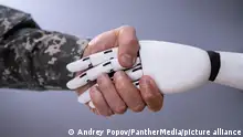 Robot AI Hand Handshake With Military Solider