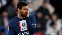 (FILES) Paris Saint-Germain's Argentine forward Lionel Messi reacts during the French L1 football match between Paris Saint-Germain (PSG) and Stade Rennais FC at The Parc des Princes Stadium in Paris on March 19, 2023. - Paris Saint-Germain have opened on May 2, 2023 a disciplinary procedure against star player Lionel Messi, who risks being suspended after travelling to Saudi Arabia without the permission of the French club. (Photo by Franck FIFE / AFP)