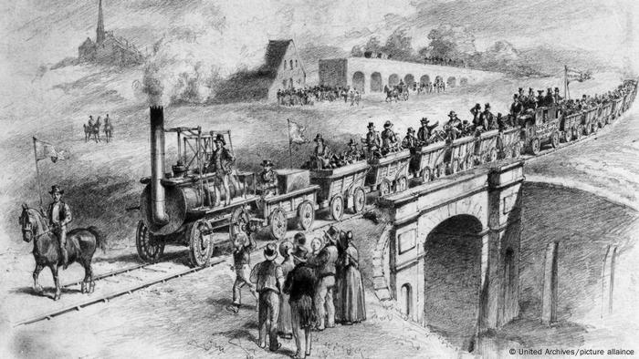 Erste öffentliche Eisenbahnfahrt der Welt zwischen Stockton und Darlington in England, 1825