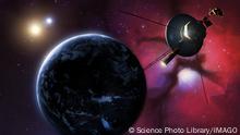  Voyager probe passing binary star, illustration Illustration of one of the Voyager probes passing an earthlike planet orbiting a binary star system in the distant future. A nebula is seen in the background. The two Voyager probes were launched in the late 1970s. Voyager 1 has now passed into interstellar space - beyond the influence of the Sun s magnetic field - and Voyager 2 is set to do so in the early 2020s. PUBLICATIONxINxGERxSUIxHUNxONLY MARKxGARLICK/SCIENCExPHOTOxLIBRARY F021/8914
