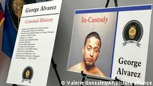 Poster boards regarding George Alvarez stand during a news conference on Monday, May 8, 2023, in Brownsville, Texas. The driver of an SUV that crashed into a crowd of people at a bus stop in Brownsville, killing eight, has been charged with manslaughter, police said Monday. Authorities believe Alvarez lost control after running a red light Sunday morning and plowed into a crowd outside a migrant center. (AP Photo/Valerie Gonzalez)