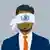 A illustration of a bearded man in a suit, wearing a red tie, with a blindfold over his face featuring the UNHRC logo