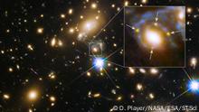 Foto Jpeg: This graphic illustrates how a faraway quasar (an extremely bright region in the center of some distant galaxies) is altered by a massive foreground galaxy. The galaxy's powerful gravity warps and magnifies the quasar's light, producing four distorted images of the quasar.
Credits: NASA, ESA and D. Player (STScI)