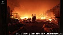 14.05.2023 A view shows a site of a warehouse burning after a Russian missile strike, amid Russia's attack on Ukraine, in Ternopil, Ukraine in this handout picture released May 14, 2023. Press service of the State Emergency Service of Ukraine in Ternopol region/Handout via REUTERS ATTENTION EDITORS - THIS IMAGE HAS BEEN SUPPLIED BY A THIRD PARTY.
