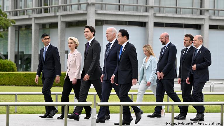 G7 leaders participate in a wreath laying ceremony in Hiroshima, western Japan, on May 19, 2023