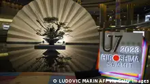 19.05.2023 The interior decoration and G7 logo is pictured at the Grand Prince Hotel Hiroshima during the G7 Leaders' Summit in Hiroshima on May 19, 2023. (Photo by LUDOVIC MARIN / AFP) (Photo by LUDOVIC MARIN/AFP via Getty Images)