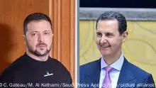 L: 14.05.2023, Berlin: Wolodymyr Selenskyj, Präsident der Ukraine, kommt vor seinem Gespräch mit Bundespräsident Steinmeier um sich in das Gästebuch im Schloss Bellevue einzutragen. R: HANDOUT - 18.05.2023, Saudi-Arabien, Dschidda: Dieses von der offiziellen Nachrichtenagentur von Saudi Arabien veröffentlichte Foto zeigt Baschar al-Assad (l), Präsident von Syrien,