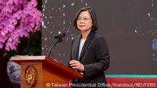 Taiwan President Tsai Ing-wen delivers a speech on the day of her seventh year anniversary since she held office in Taipei, Taiwan May 20, 2023. Taiwan Presidential Office/Handout via REUTERS. THIS IMAGE WAS PROVIDED BY A THIRD PARTY. NO RESALES. NO ARCHIVES.