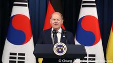 SEOUL, SOUTH KOREA - MAY 21: German Chancellor Olaf Scholz attends the joint press conference with South Korea’s President Yoon Suk Yeol at the Presidential Office on May 21, 2023 in Seoul, South Korea. Olaf Scholz arrived in Seoul on Sunday for the summit with Yoon after attending a G7 summit in Hiroshima, Japan. (Photo by Chung Sung-Jun/Getty Images)