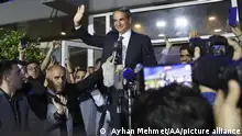 ATHENS, GREECE - MAY 21: Leader of the ruling New Democracy (ND) party and Prime Minister Kyriakos Mitsotakis addresses supporters at the party's headquarters in Athens after preliminary official results released on May 21, 2023, Greece. New Democracy (ND) party has a commanding lead in GreeceÄôs parliamentary elections, according to preliminary official results on Sunday. Partial results from 40% of polling stations showed ND with 41.1% of the vote, followed by ex-Premier Alexis TsiprasÄô Syriza party with a paltry 20.01%. Ayhan Mehmet / Anadolu Agency