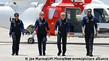 The crew of the Axiom Mission 2 arrives at the Landing Facility at the Kennedy Space Center, Florida on Sunday, May 21, 2023. The mission will be flown by Rayyanah Barnawi, commanded by former NASA Astronaut Peggy Whitson, paying crew member and Pilot John Shoffner as well as Ali AlQuarni (l to r). Barnawi and Alquarni are from Saudi Arabia. The Axiom Mission 2 crew will ride in SpaceX's Dragon Spacecraft to the International Space Station on a 12 day mission. Photo by Joe Marino/UPI Photo via Newscom picture alliance