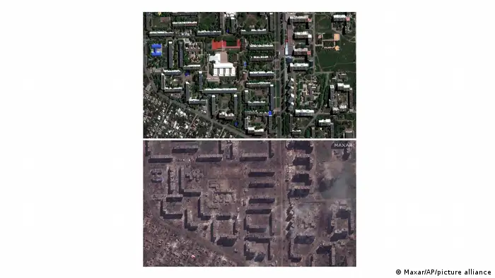 Satellite images showing green grass and aparments compared to destroyed buildings and burnt ground.
