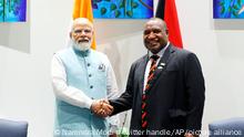 22/05/2023 In this photo provided by Prime Minister of India Narendra Modi's twitter handle, Modi shakes hand with Papua New Guinea Prime Minister James Marape in Port Moresby, Papua New Guinea, Monday, May 22, 2023. Modi is meeting with Pacific leaders to discuss better cooperation. (Prime Minister of India Narendra Modi's twitter handle via AP Photo)