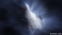This artist’s concept of Comet 238P/Read shows the main belt comet sublimating—its water ice vapourising as its orbit approaches the Sun. This is significant, as the sublimation is what distinguishes comets from asteroids, creating their distinctive tail and hazy halo, or coma. The NASA/ESA/CSA James Webb Space Telescope’s detection of water vapour at Wissenschaftler finden zum ersten Mal Wasserdampf im Asteroidengürtel des Sonnensystems.
---
Comet Read is a major benchmark in the study of main belt comets, and in the broader investigation of the origin of Earth’s abundant water. [Image description: Illustration, close up of rocky body of a comet with detailed, cratered surface. Glowing rays emanate from the rocky surface like sunlight through clouds, representing water ice being vapourised by the heat of the Sun.]
