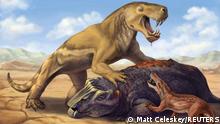 This undated illustration shows the Permian Period tiger-sized saber-toothed protomammal Inostrancevia atop its dicynodont prey, scaring off the much smaller species Cyonosaurus. Matt Celeskey/Handout via REUTERS NO RESALES. NO ARCHIVES. THIS IMAGE HAS BEEN SUPPLIED BY A THIRD PARTY.