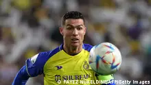 14/03/2023**Nassr's Portuguese forward Cristiano Ronaldo looks on as he runs after ball during the King Cup quarter-final football match between al-Nassr and Abha at Mrsool Park Stadium in Riyadh on March 14, 2023. (Photo by Fayez NURELDINE / AFP) (Photo by FAYEZ NURELDINE/AFP via Getty Images)