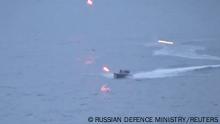 A still image from video, released by Russia's Defence Ministry, shows what it said to be the Ukrainian uncrewed speedboat attacking the Russian warship Ivan Khurs in the Black Sea near the Bosphorus strait, in this image taken from handout footage released May 24, 2023. Russian Defence Ministry/Handout via REUTERS ATTENTION EDITORS - THIS IMAGE WAS PROVIDED BY A THIRD PARTY. NO RESALES. NO ARCHIVES. MANDATORY CREDIT.