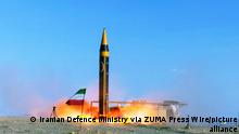 May 25, 2023, Iran: A handout picture provided by Iran's Defence Ministry shows the testing of the fourth-generation Khorramshahr ballistic missile, named Khaibar, at an undisclosed location. Iran's defense ministry unveiled a new ballistic missile with a range of 1,242 miles and a capacity to carry warheads weighing over a tonne. The Kheibar missile- the latest version of the Khorramshahr, Iran's longest-range missile to date- was unveiled alongside a replica of the Al-Aqsa mosque in east Jerusalem, in a live broadcast on state television. (Credit Image: Â© Iranian Defence Ministry via ZUMA Press Wire