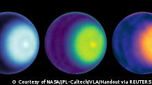 NASA scientists uses microwave observations to spot the first polar cyclone on Uranus, seen here as a light-colored dot to the right of center in each image of the planet, in this handout image released on May 25, 2023. The images use different wavelength bands. To highlight cyclone features, a different color map was used for each. Courtesy of NASA/JPL-Caltech/VLA/Handout via REUTERS THIS IMAGE HAS BEEN SUPPLIED BY A THIRD PARTY. MANDATORY CREDIT.