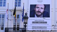 Illustration picture shows a large banner for humanitarian aid worker Olivier Vandecasteele who is in prison in Iran, outside, during a plenary session of the parliament of the Federation Wallonie-Bruxelles (Federation Wallonia Brussels - Federatie Wallonie Brussel) in Brussels, Wednesday 08 February 2023. BELGA PHOTO LAURIE DIEFFEMBACQ