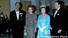 Queen Elizabeth II Archive John Shelley Collection Ronald Reagan State Visit to the United States of America Ronald Reagan, President of the USA Nancy Reagan Prince Philip, Duke of Edinburgh On board HMY Britannia on March 4, 1983 in San Francisco harbour