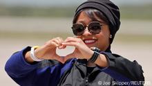 Crew member Rayyanah Barnawi representing Saudi Arabia gestures before the planned Axiom Mission 2 (Ax-2) launch to the International Space Station at Kennedy Space Center, Florida, U.S. May 21, 2023. REUTERS/Joe Skipper