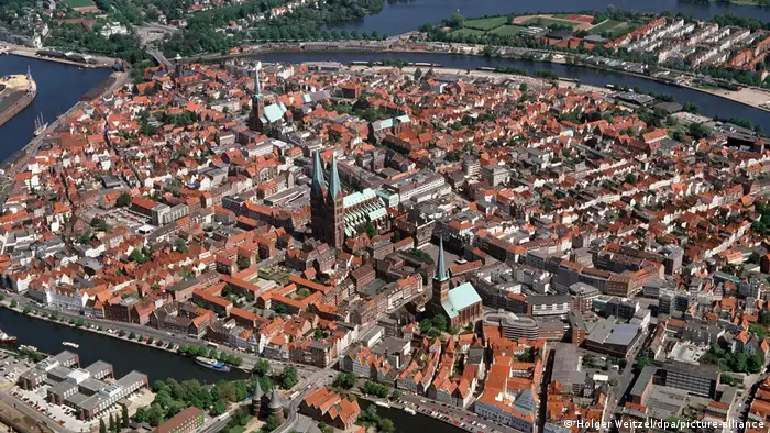 An aerial view of the city of Lübeck.