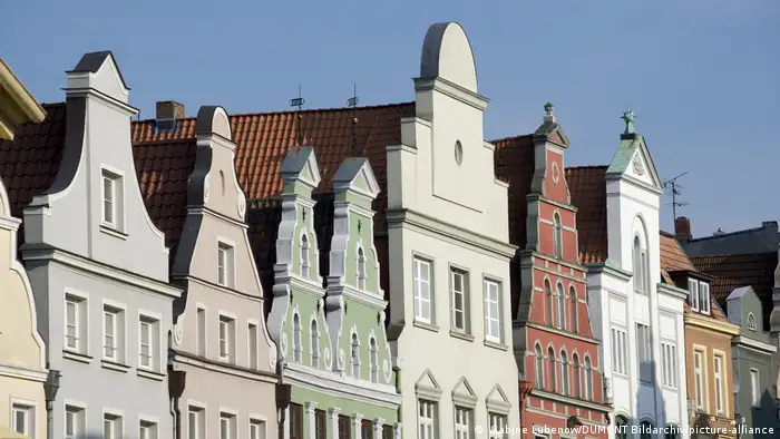 Colorful buildings lined up in a row in Wismar.