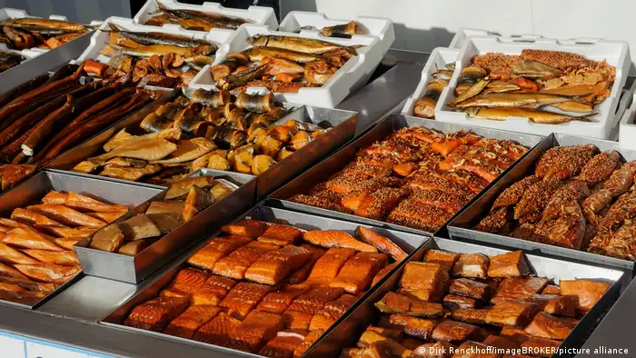 Display of fish rolls at a market stand in Wismar.