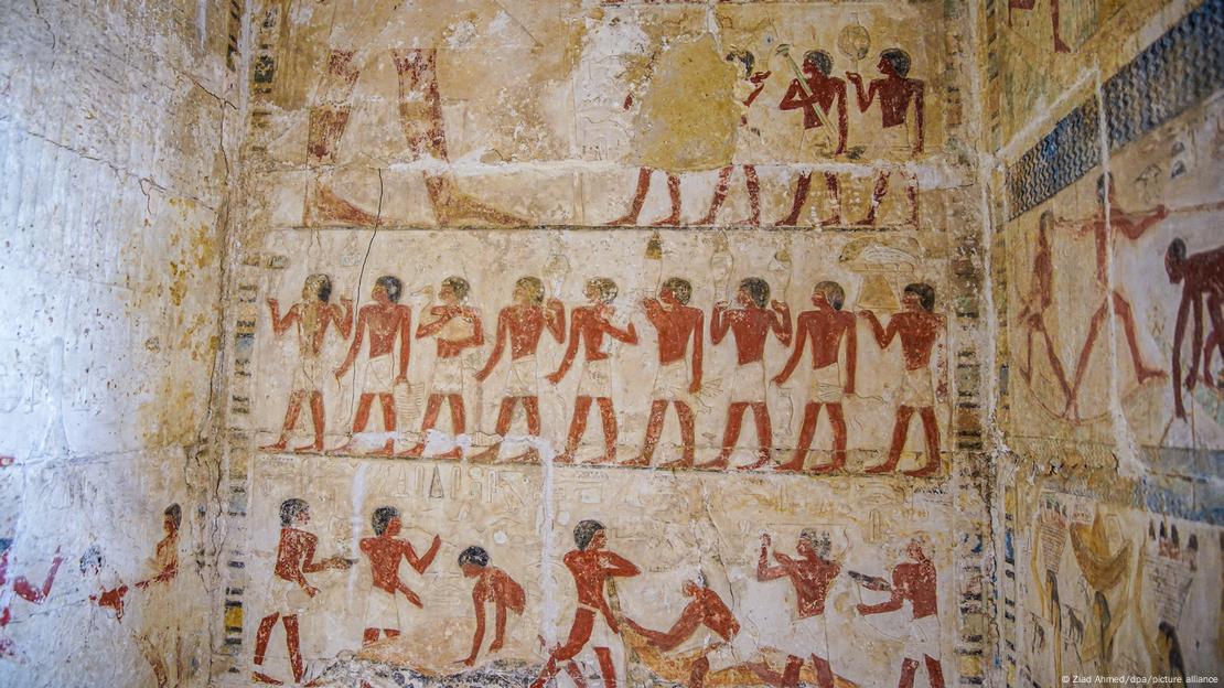 A view of a wall inside one of the newlly discovered two tombs in the Saqqara necropolis