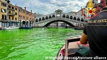 28.5.2023***
In this image released by the Italian firefighters, a firefighter on a boat looks at the arched Rialto Bridge along Venice's historical Grand Canal as a patch of phosphorescent green liquid spreads in it, Sunday, May 28, 2023. Police in Venice are investigating the source of a phosphorescent green liquid patch that appeared Sunday in the city’s famed Grand Canal. (Vigili Del Fuoco via AP)
